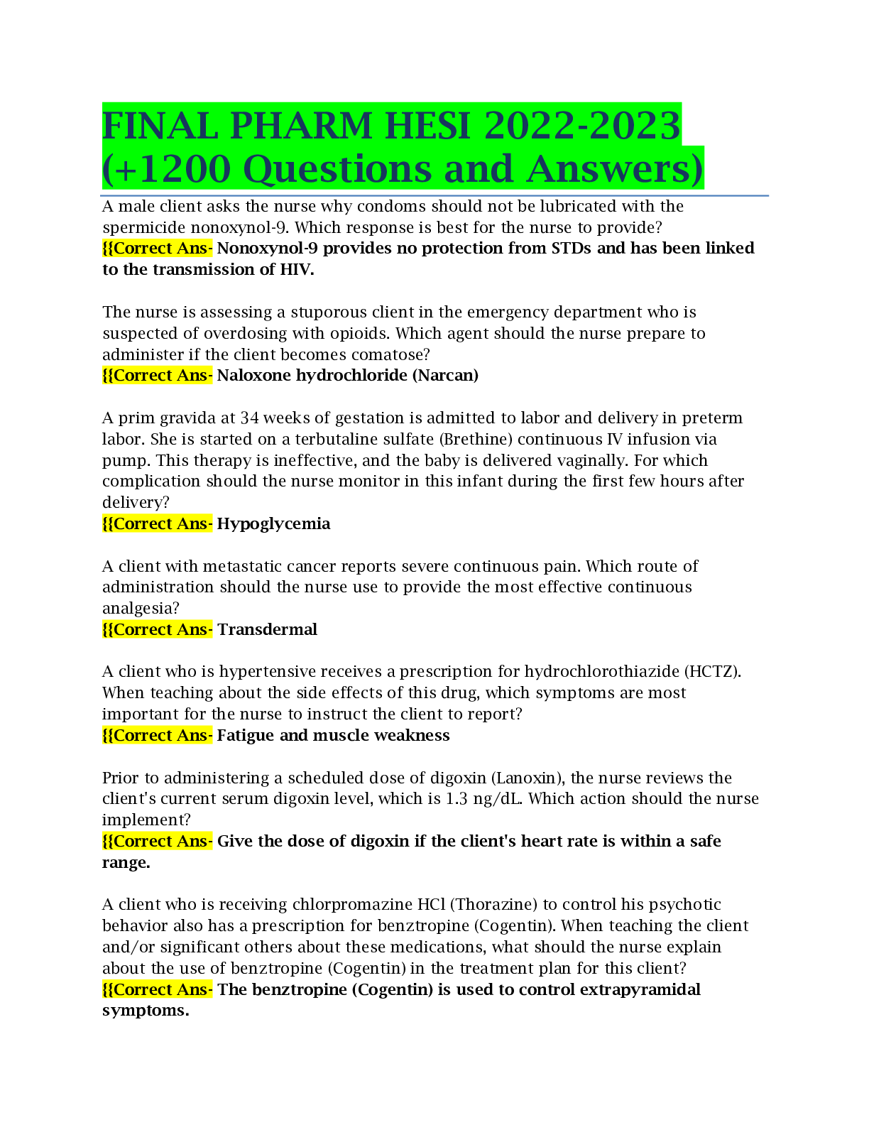 Preview of FINAL PHARM HESI  2022-2023 (+1200 Questions and Answers)